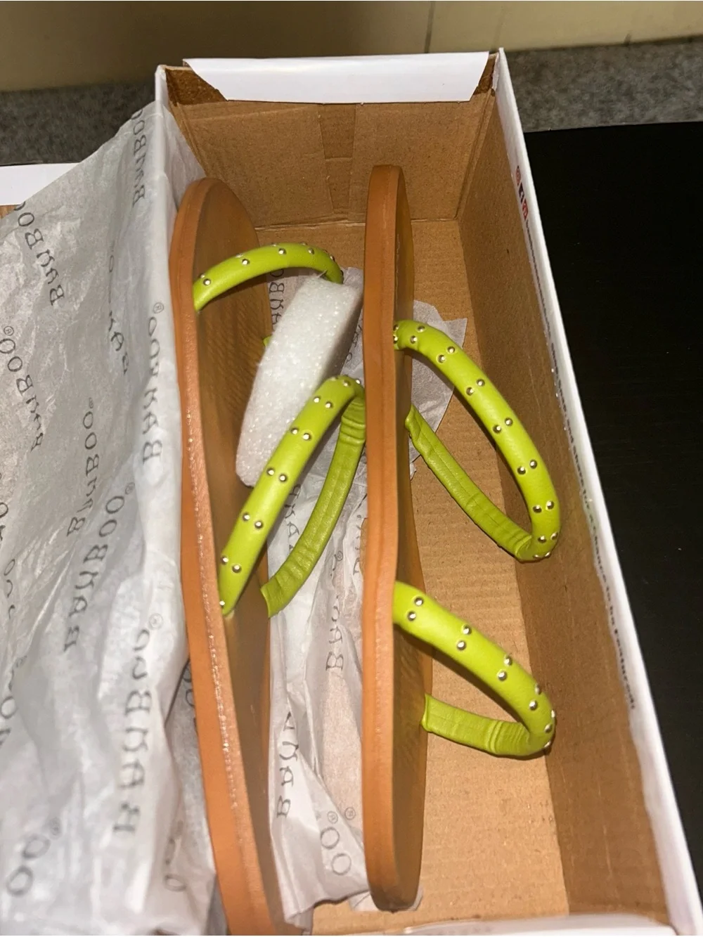 BAMBOO Lime Green Double-Strap Stud Slide Sandal